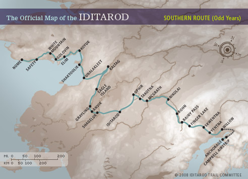 The Official Map of the Iditarod: Southern Route (Odd Years)
